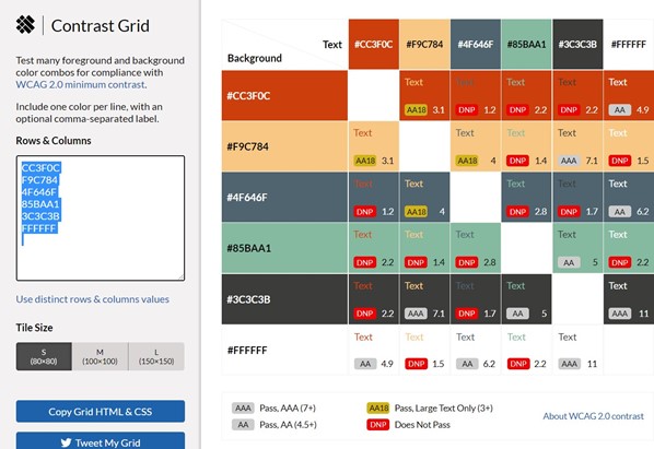 Example of using EightShapes Contrast Grid with Web for All's colors